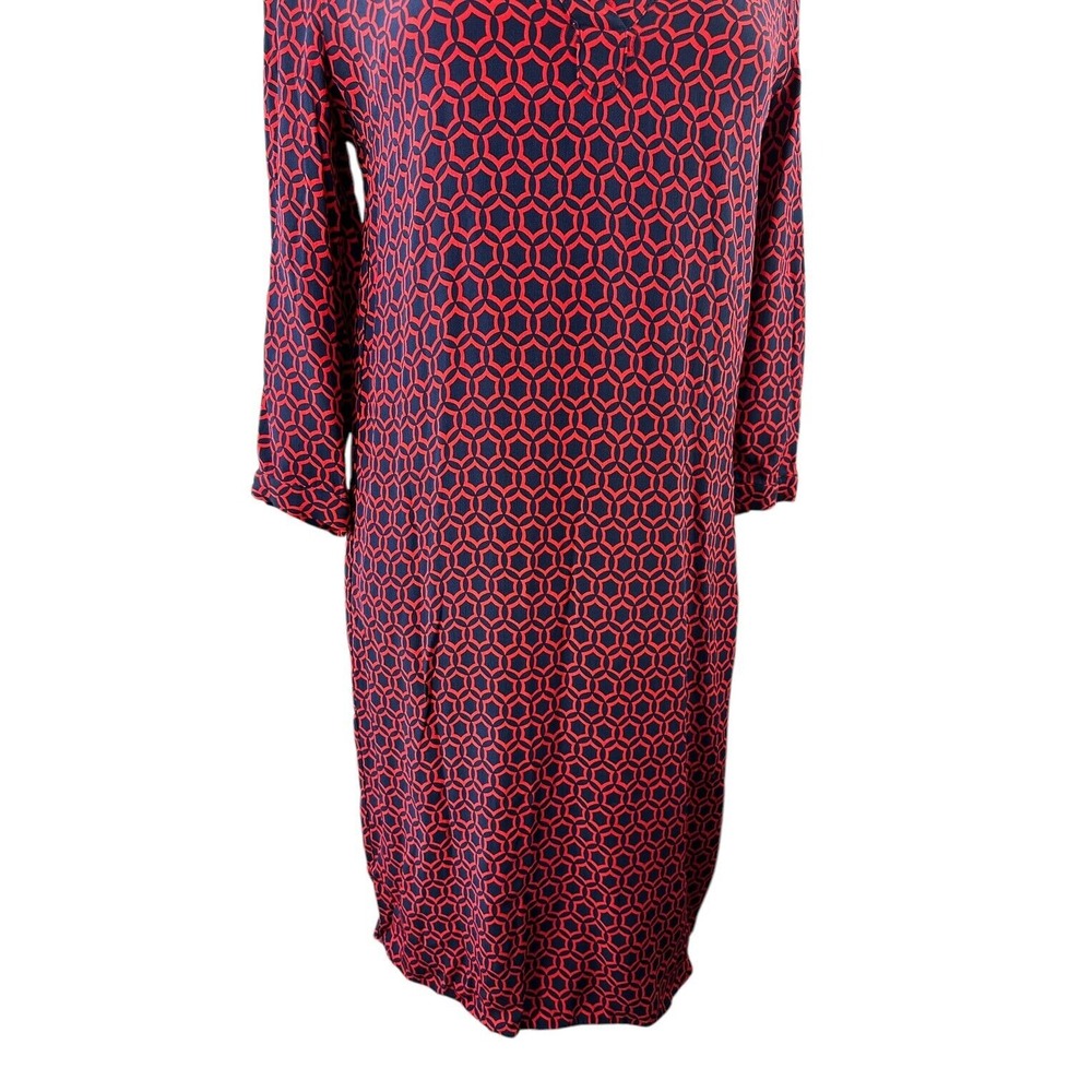 Boden V-Neck Geo Print 3/4 Sleeve Shift Dress Red & Navy Size 10 *Missing Belt* - Picture 11 of 16
